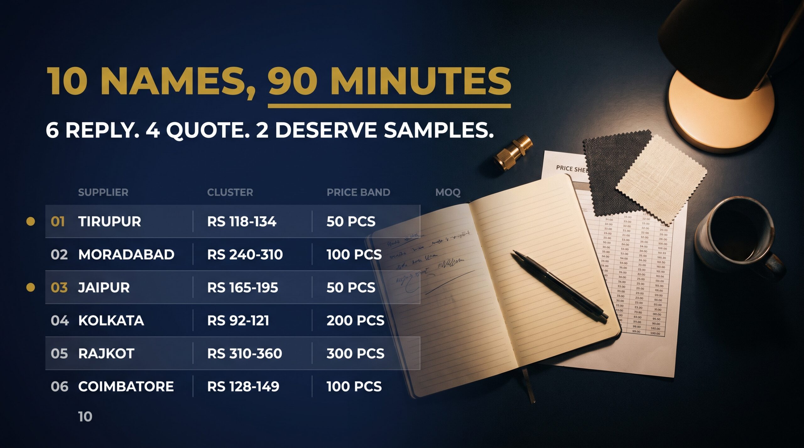 Seller's notebook shortlist of ten supplier names with cities, price bands and order quantities