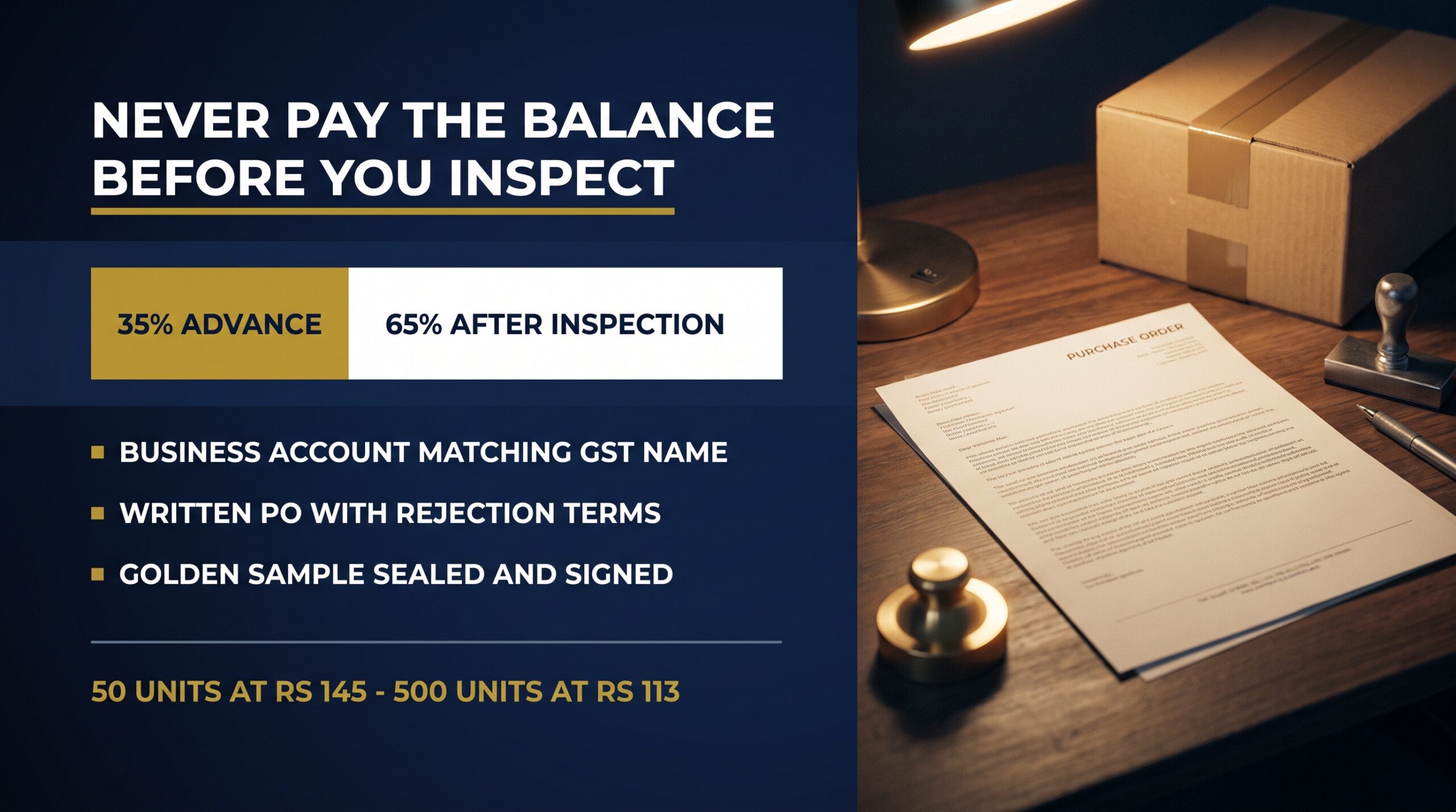 Purchase order on a desk showing the advance and balance payment split before inspection