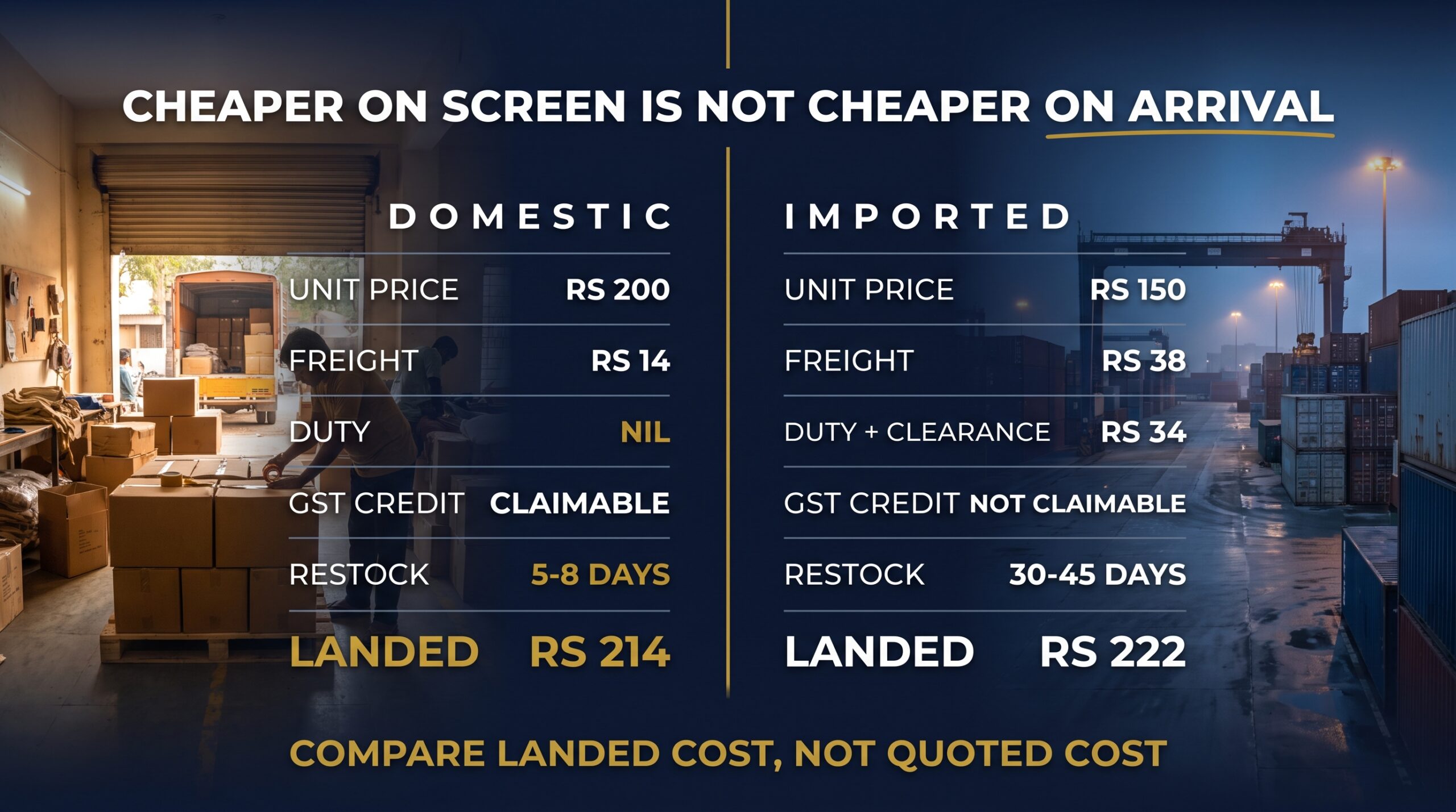 Comparison board weighing domestic landed cost and restock speed against imported landed cost