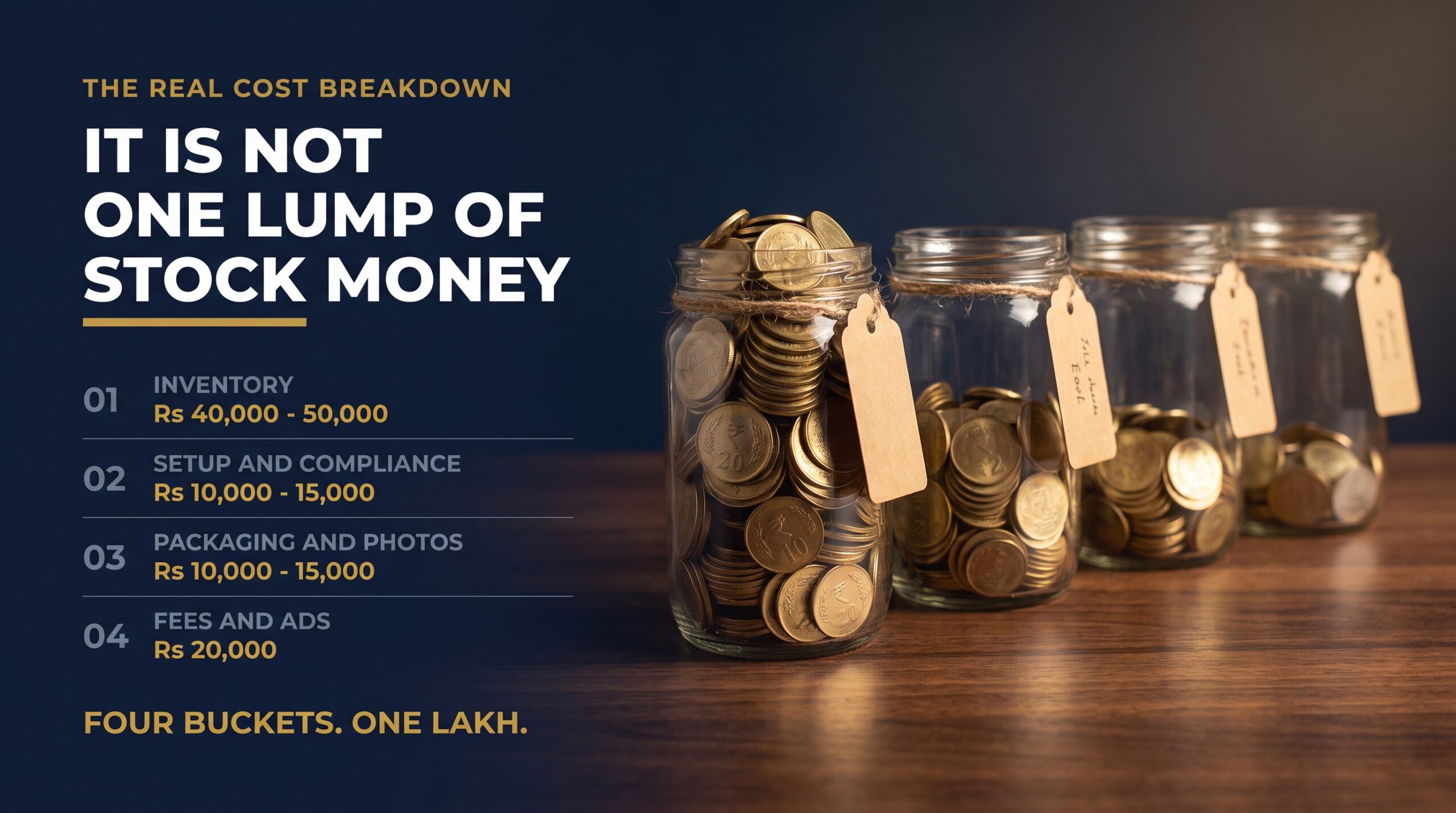 Four labelled jars of coins showing inventory, setup, packaging and marketing budget buckets