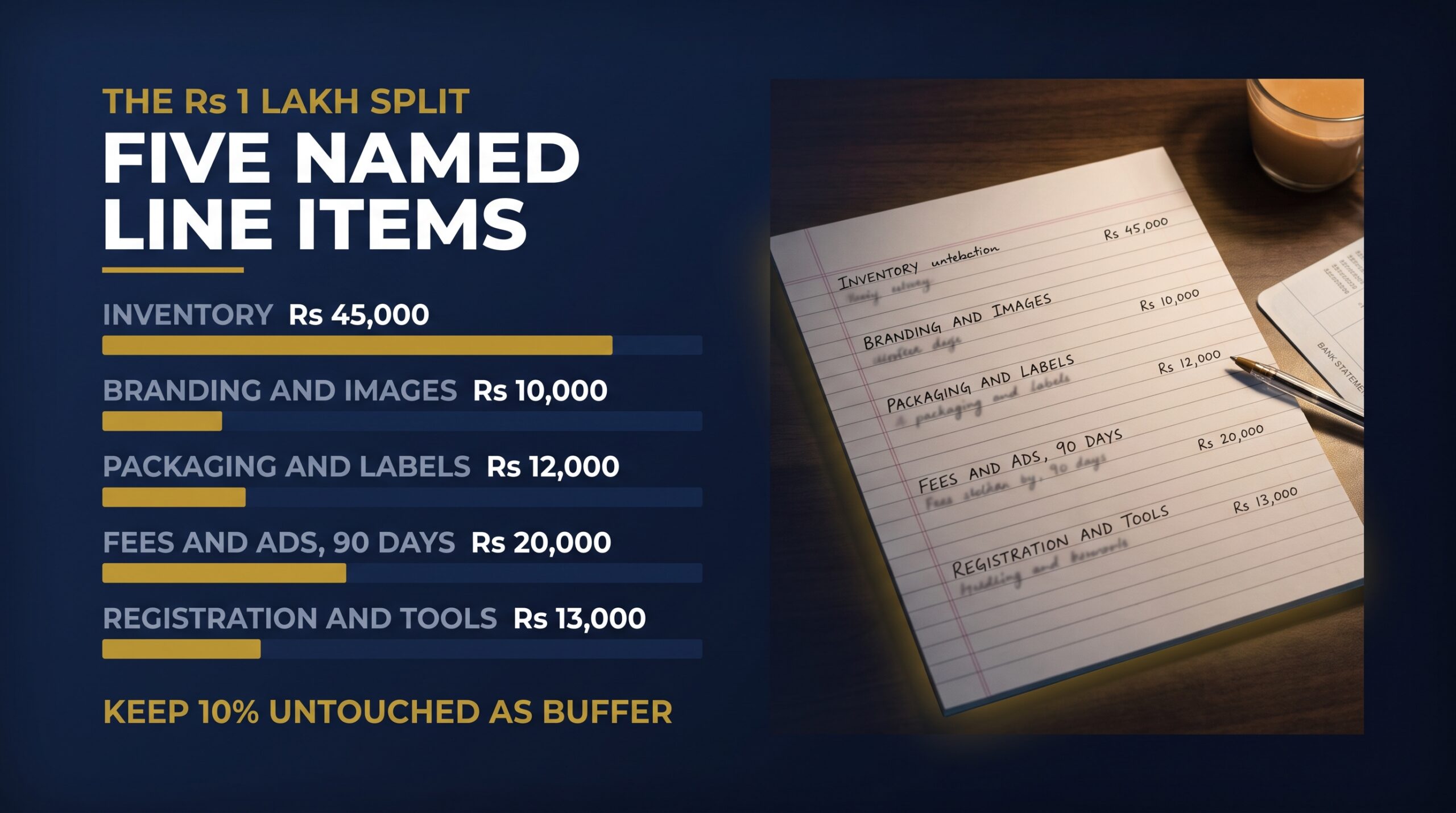 Handwritten budget sheet splitting one lakh rupees across five labelled Amazon business line items