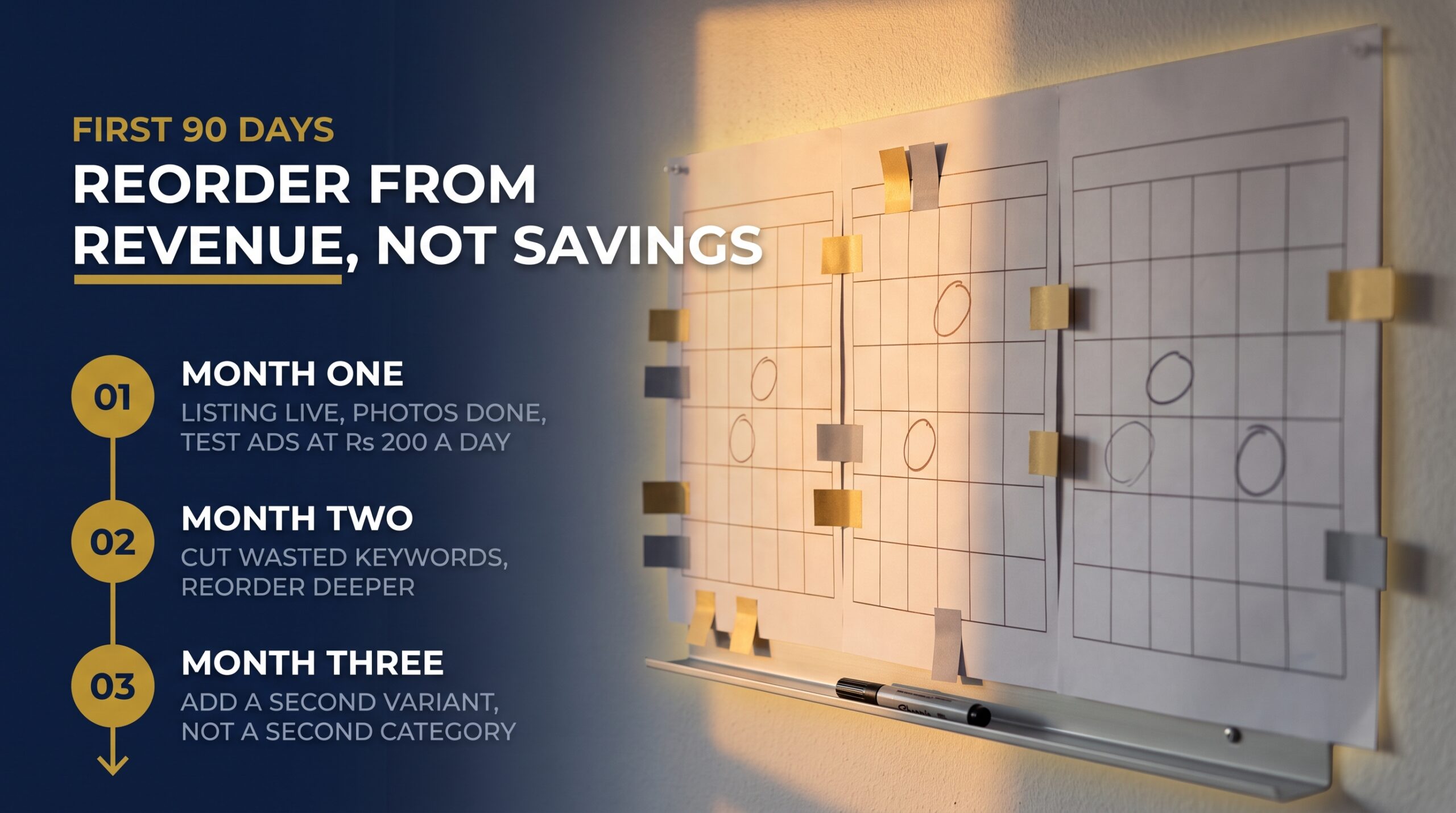 Ninety day wall calendar roadmap marking listing launch, reorder and scaling milestones for month one to three