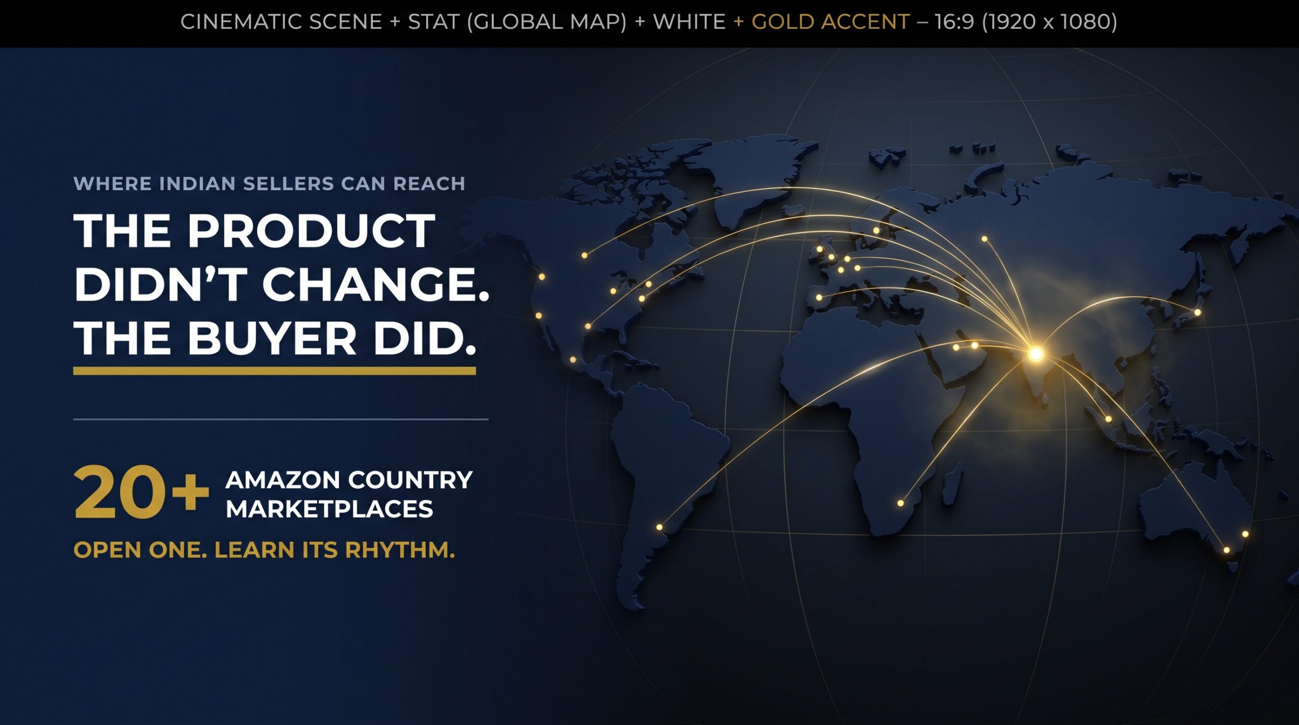 World map highlighting Amazon marketplaces Indian exporters can reach with a stat on twenty plus countries
