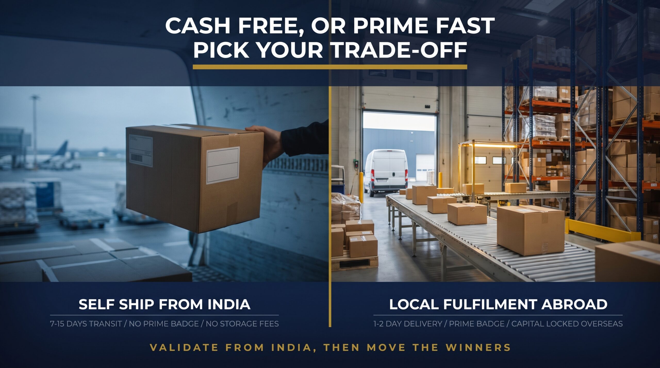 Split screen comparing self-ship transit from India with local Amazon fulfilment delivery speed abroad