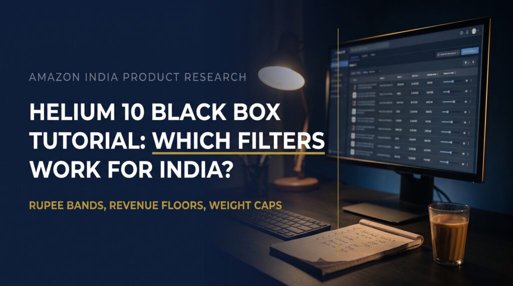 Helium 10 Black Box tutorial title card with filter panel glow and rupee price band accents