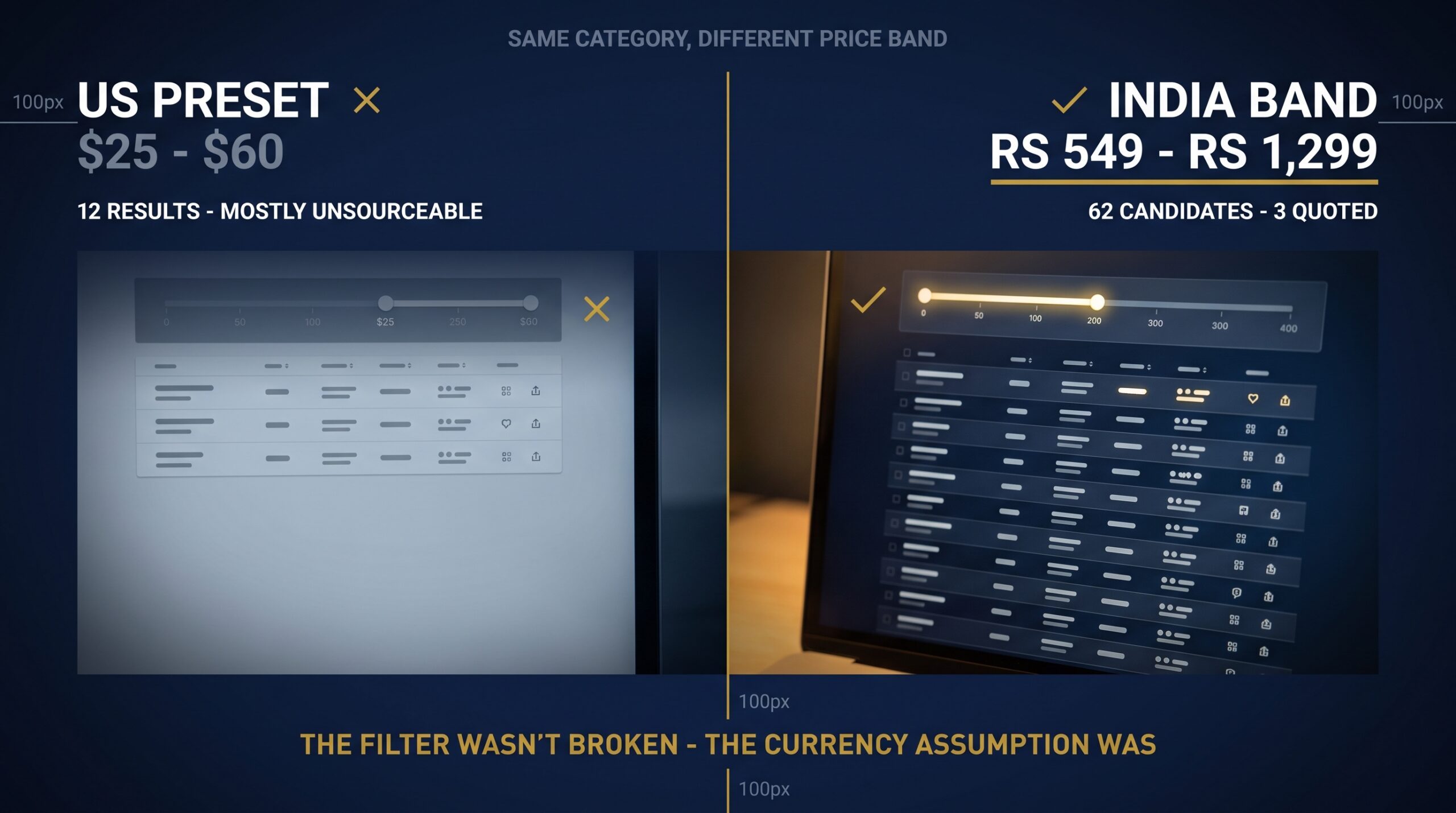 Split screen comparing a dollar price preset returning 12 results against a rupee band returning 62 candidates