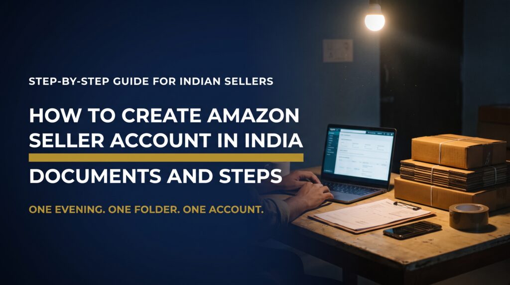 Title card for a guide on creating an Amazon seller account in India with documents and steps