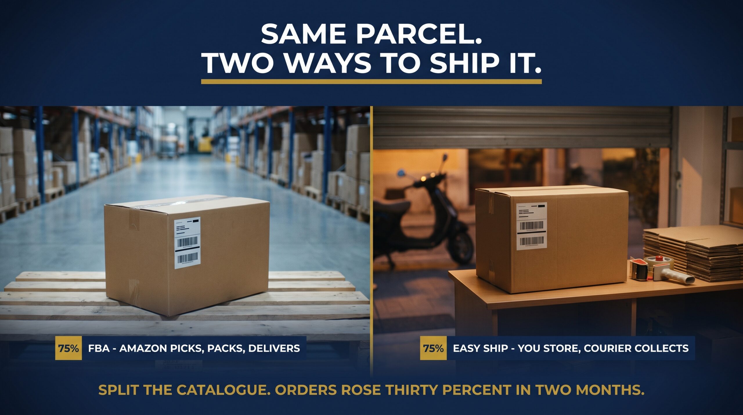 Split comparison of two parcels, one prepared for FBA and one for courier pickup