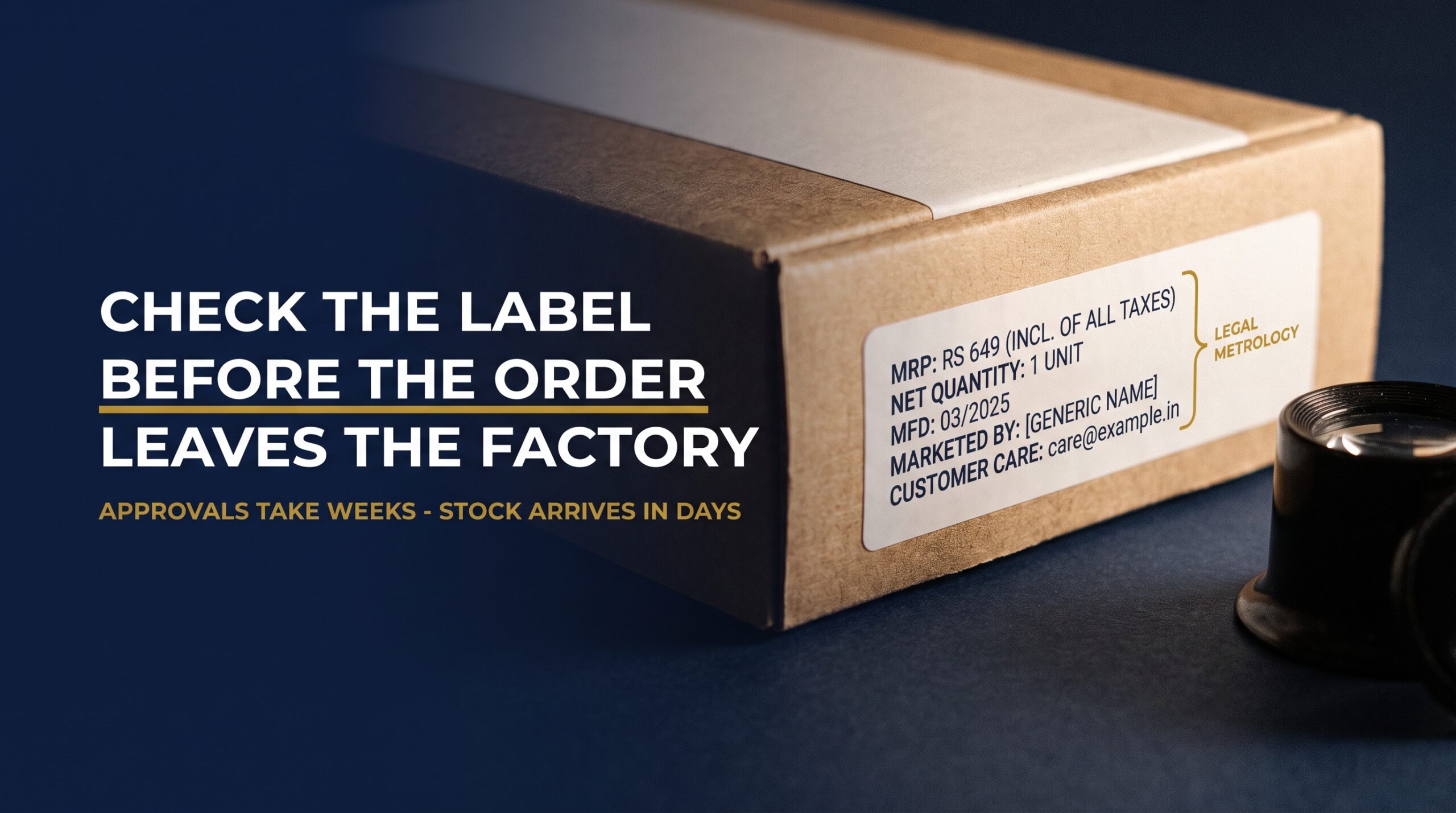 Close-up of a product label showing MRP, net quantity and manufacturer details for Legal Metrology compliance