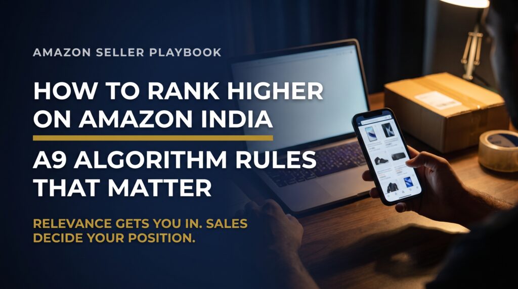 Title card reading How to Rank Higher on Amazon India with A9 algorithm rules on a cinematic navy background