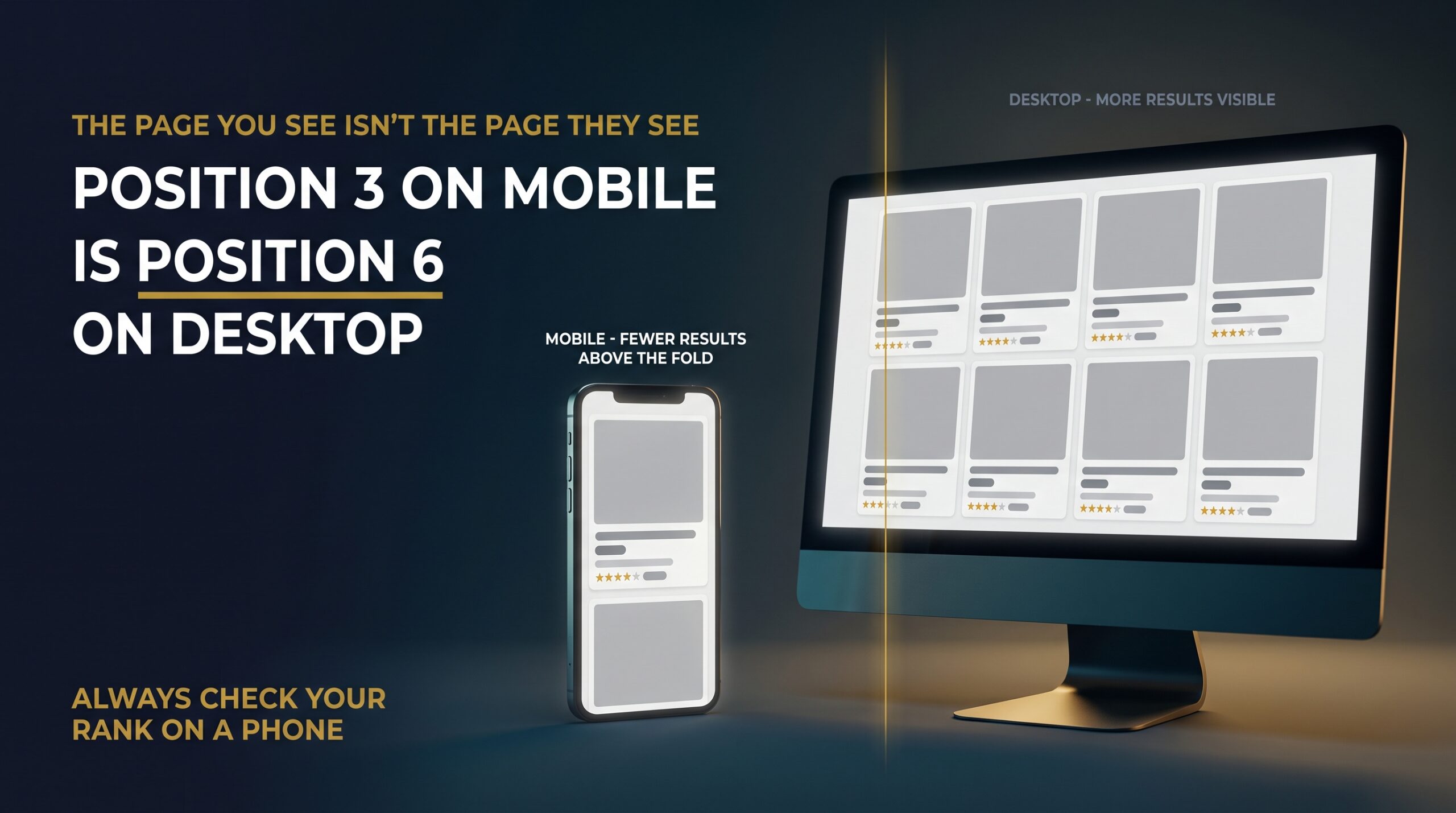 Split screen comparing a mobile search results page with a desktop one showing different visible positions