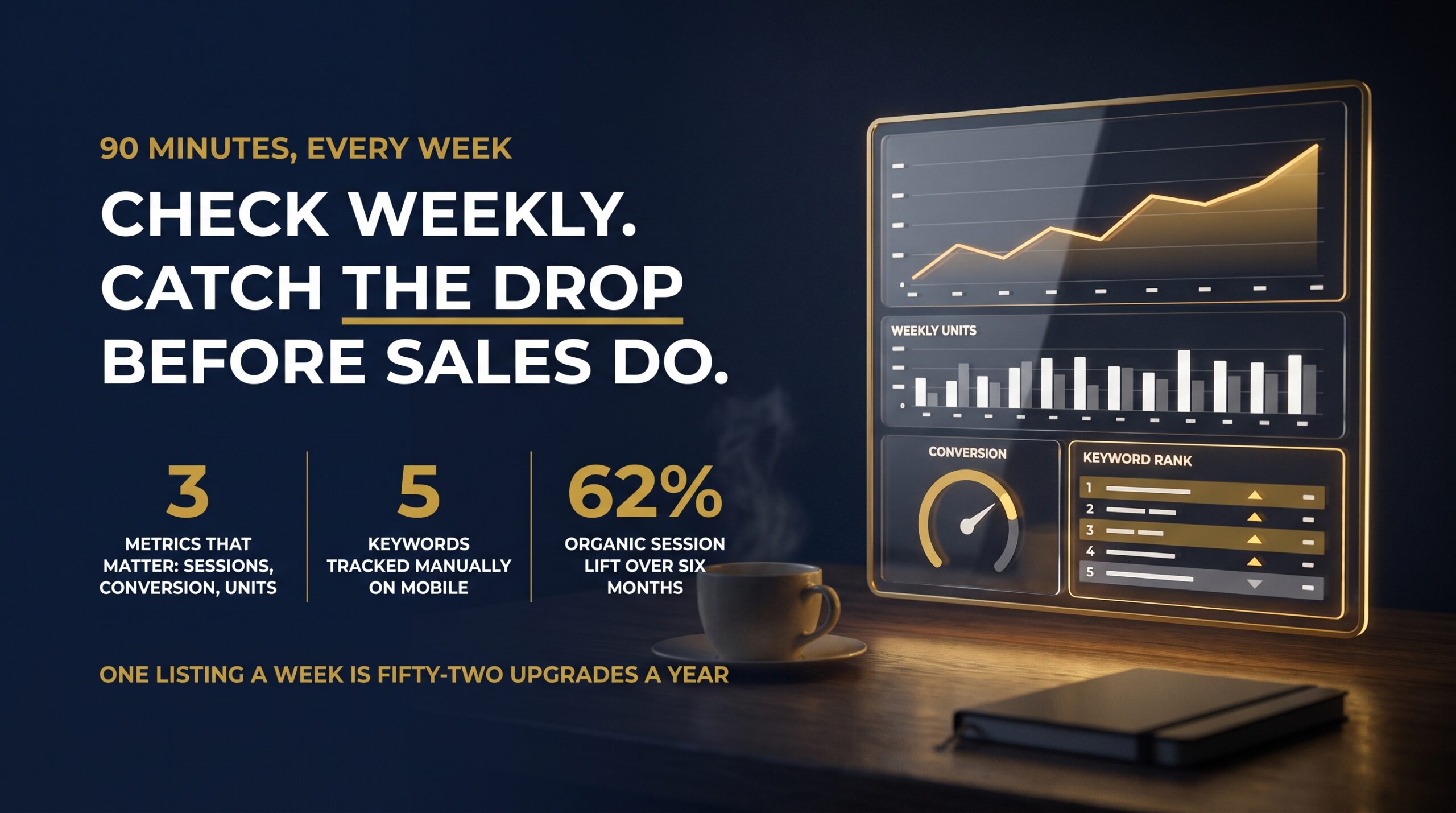 Weekly seller dashboard showing sessions, conversion percentage and keyword rank movement on a navy screen