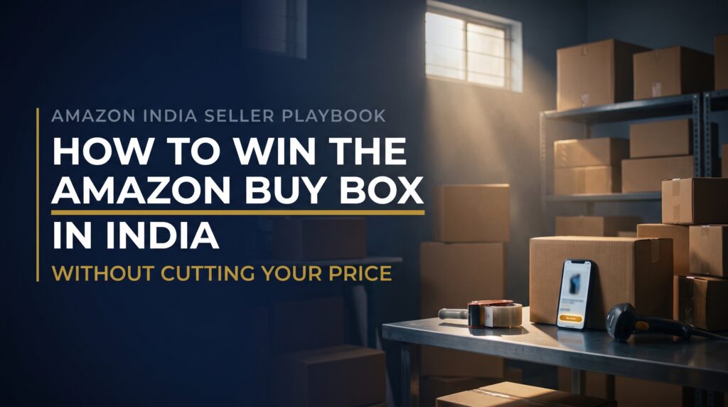Title card reading how to win the Amazon Buy Box in India without cutting your price, with a warehouse scene