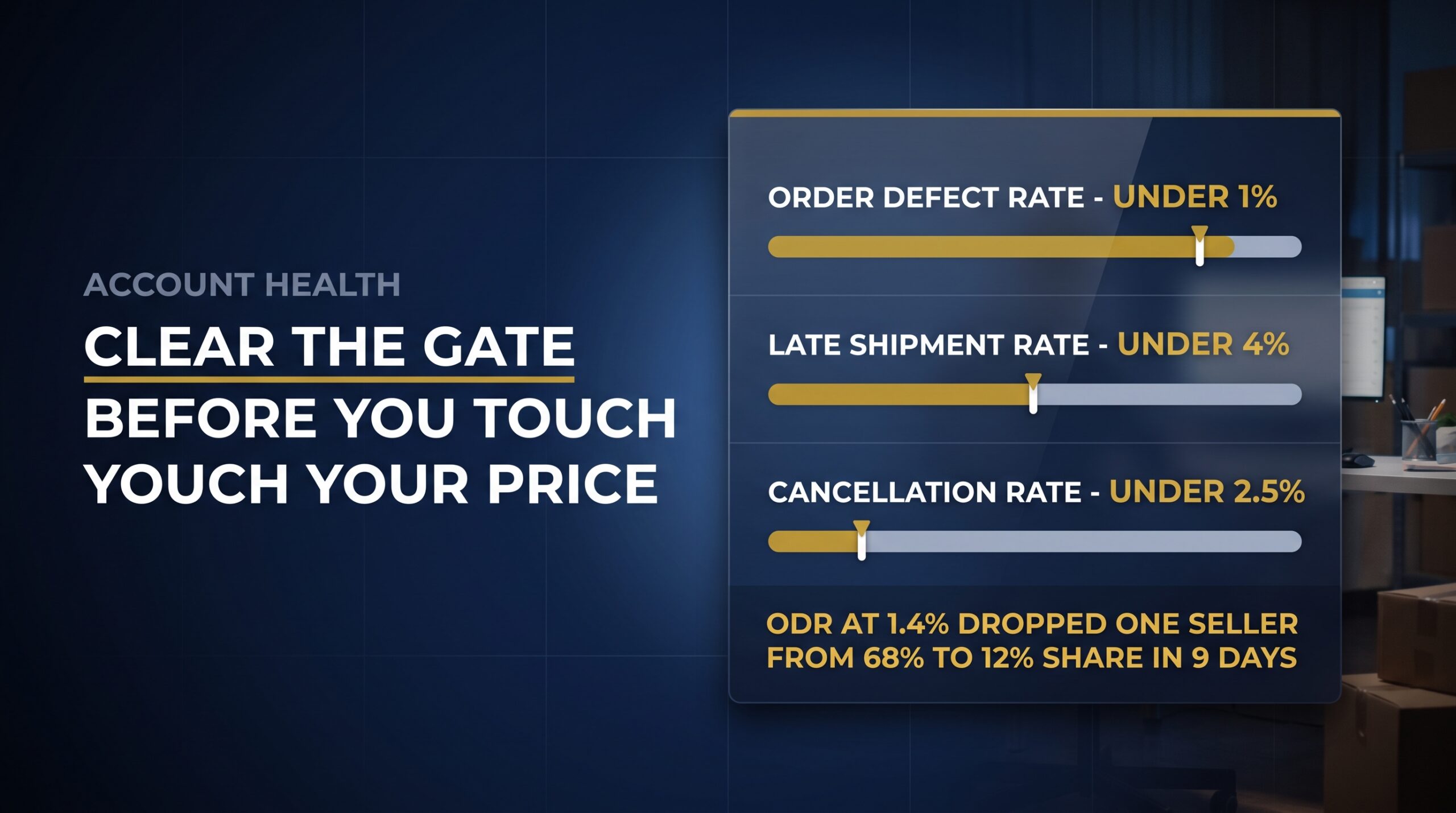 Account health infographic showing order defect, late shipment and cancellation rate thresholds