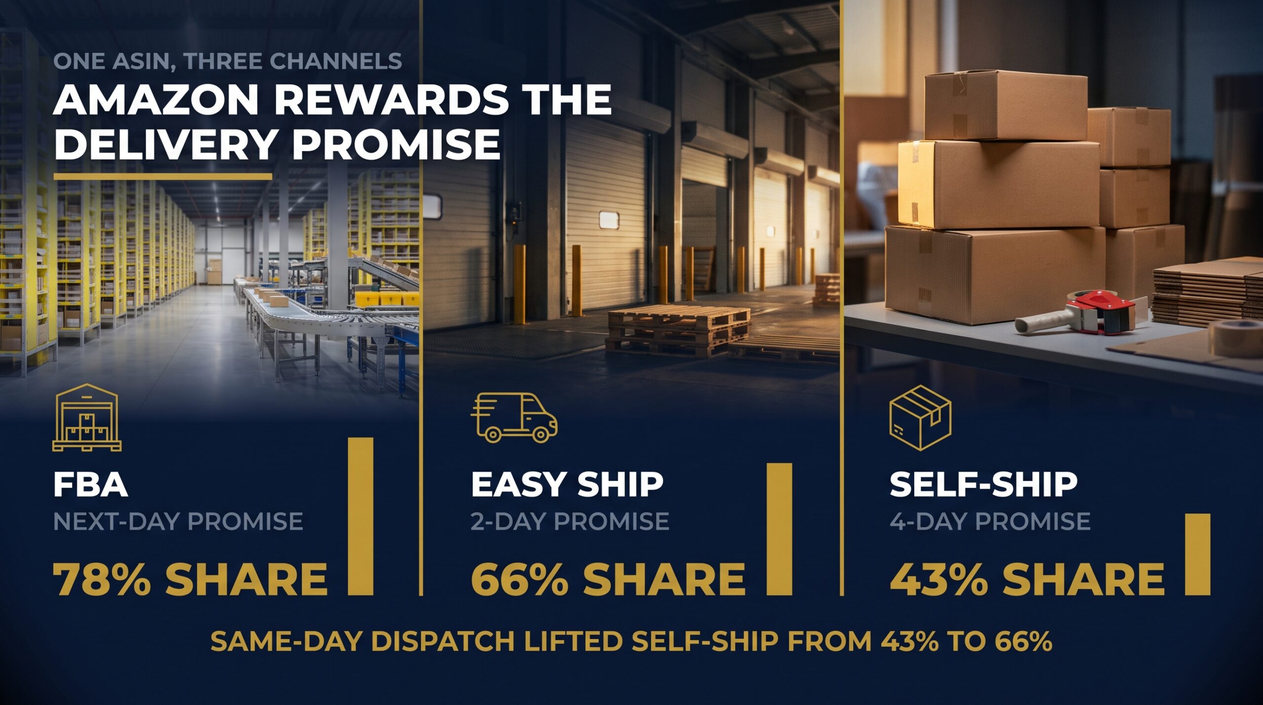 Split comparison of FBA, Easy Ship and self-ship share on one listing with delivery promise dates