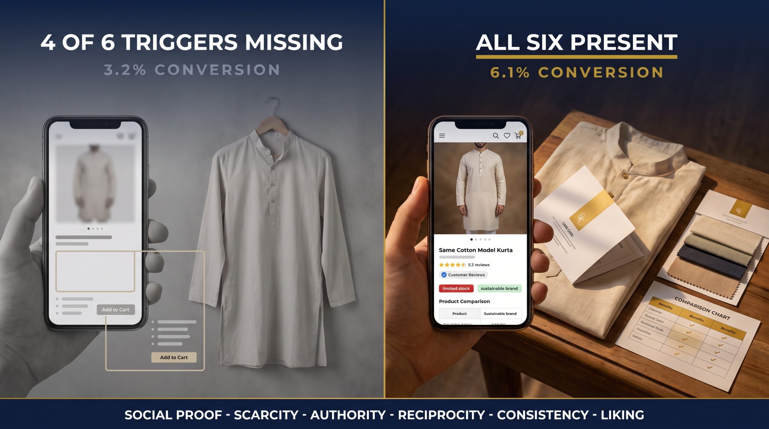 Split comparison of a listing missing four buyer psychology triggers versus one with all six present