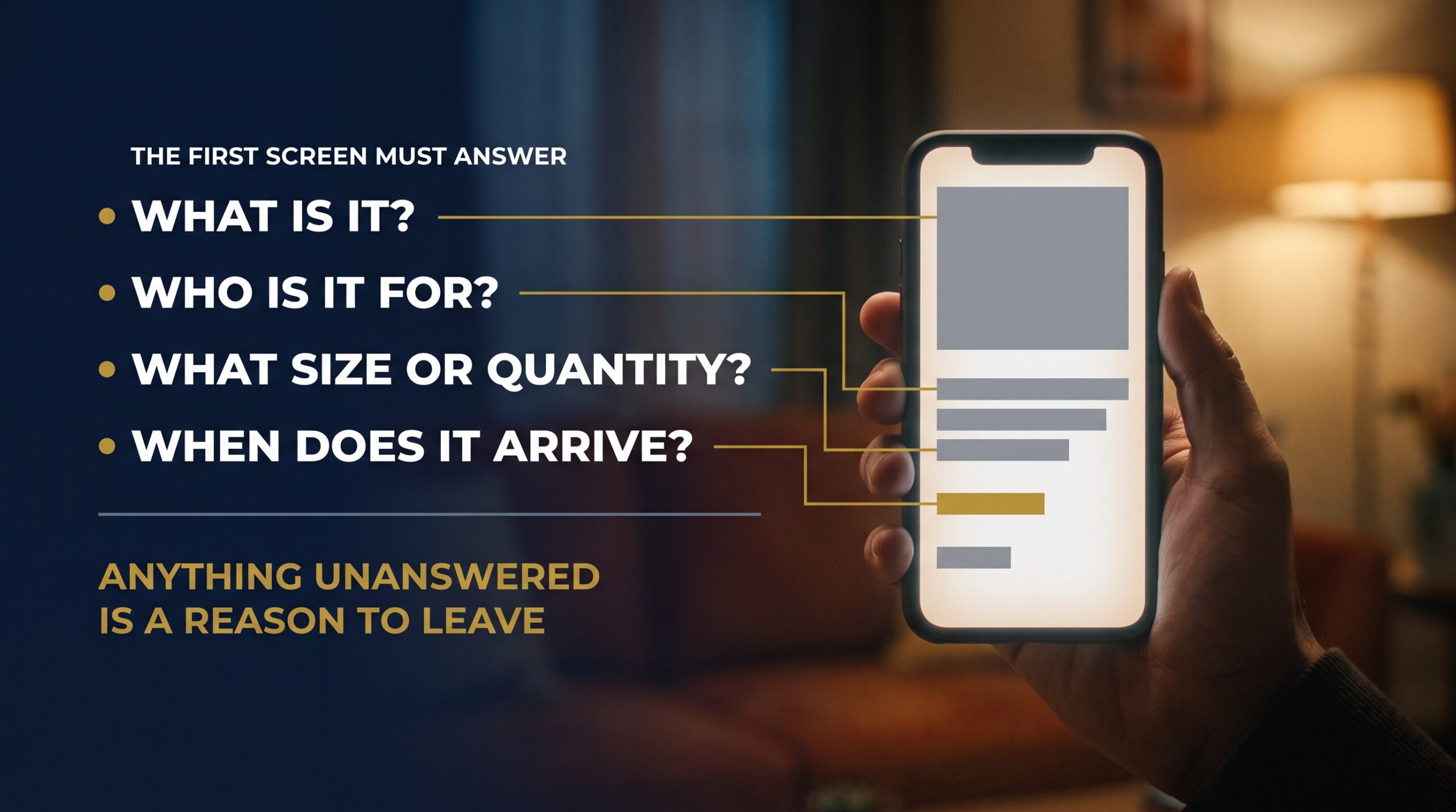 Phone showing a listing first screen with four shopper questions labelled around it