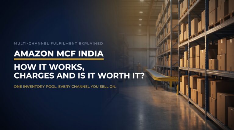 Featured title card for a guide to Amazon MCF India covering how it works, charges and whether it is worth it