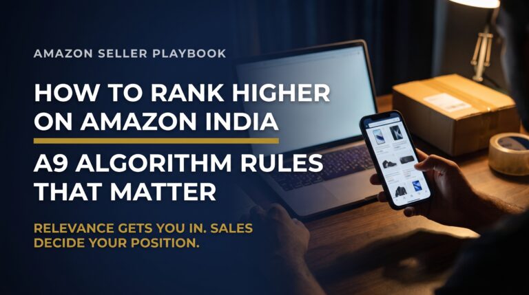 Title card reading How to Rank Higher on Amazon India with A9 algorithm rules on a cinematic navy background